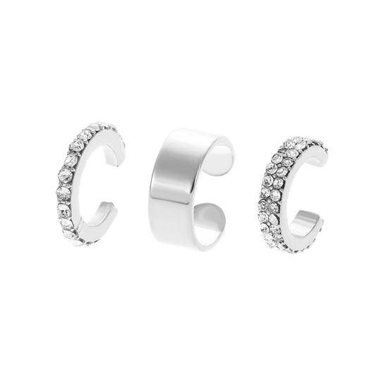Clear Cubic Zirconia and Silver-Plated Ear Cuff - Set Of Three, silver stud earrings for women, front view
