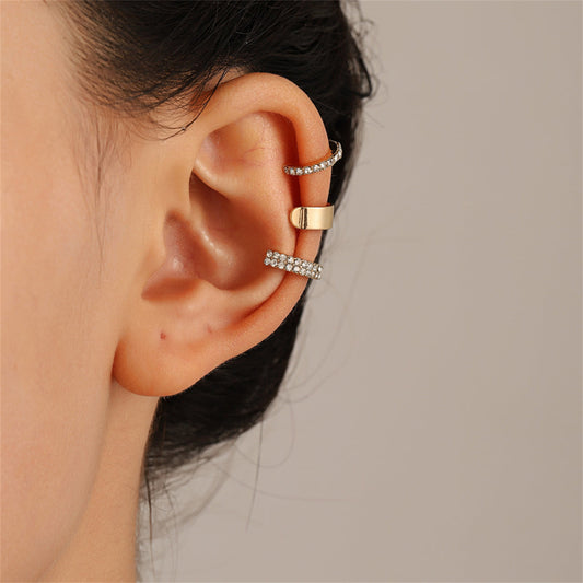 Cubic Zirconia and 18K Gold-Plated Three-Piece Ear Cuff Set, gold stud earrings for women, front view