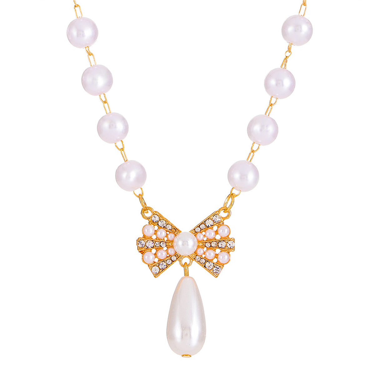 Pearl and Cubic Zirconia 18K Gold-Plated Bow Pendant Necklace, gold pendant necklace for women, side view