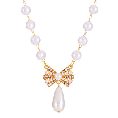Pearl and Cubic Zirconia 18K Gold-Plated Bow Pendant Necklace, gold pendant necklace for women, side view