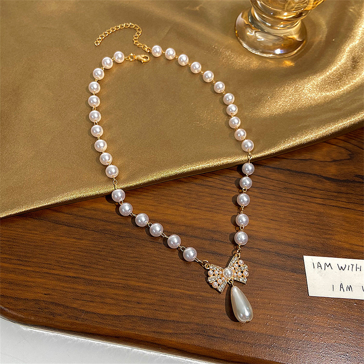 Pearl and Cubic Zirconia 18K Gold-Plated Bow Pendant Necklace, gold pendant necklace for women, styled look
