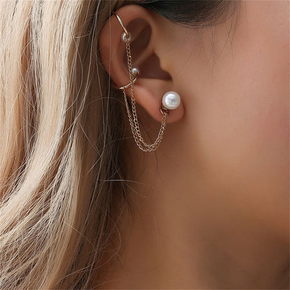 Pearl and 18K Gold-Plated Chain Ear Cuff, gold drop earrings for women, dainty minimalist design, front view