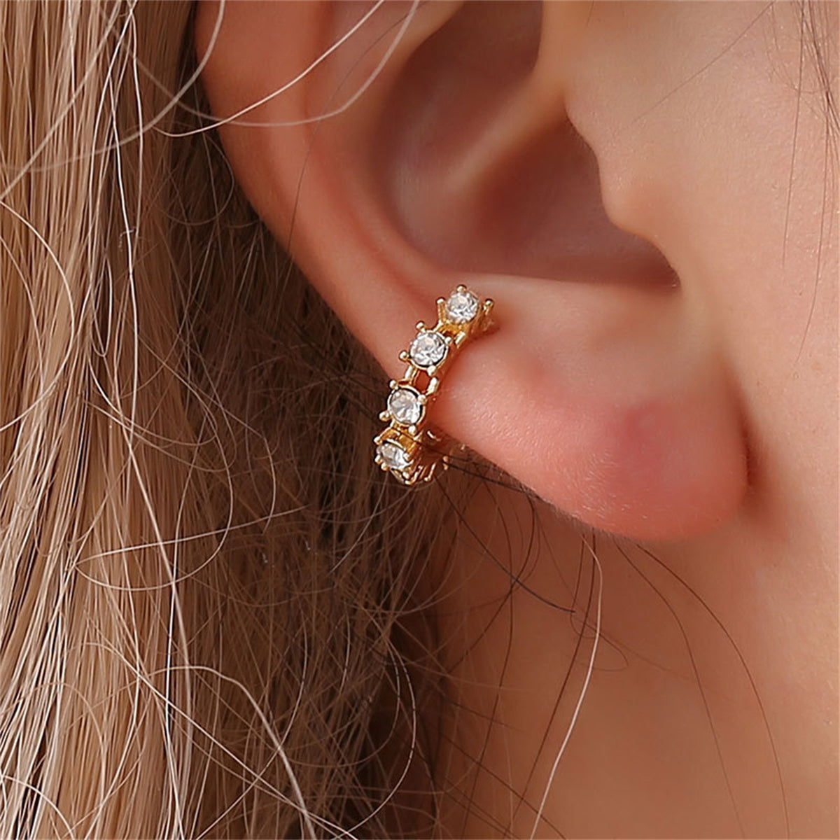 Cubic Zirconia and 18K Gold-Plated Ear Cuff, gold stud earrings for women, botanical inspired, front view