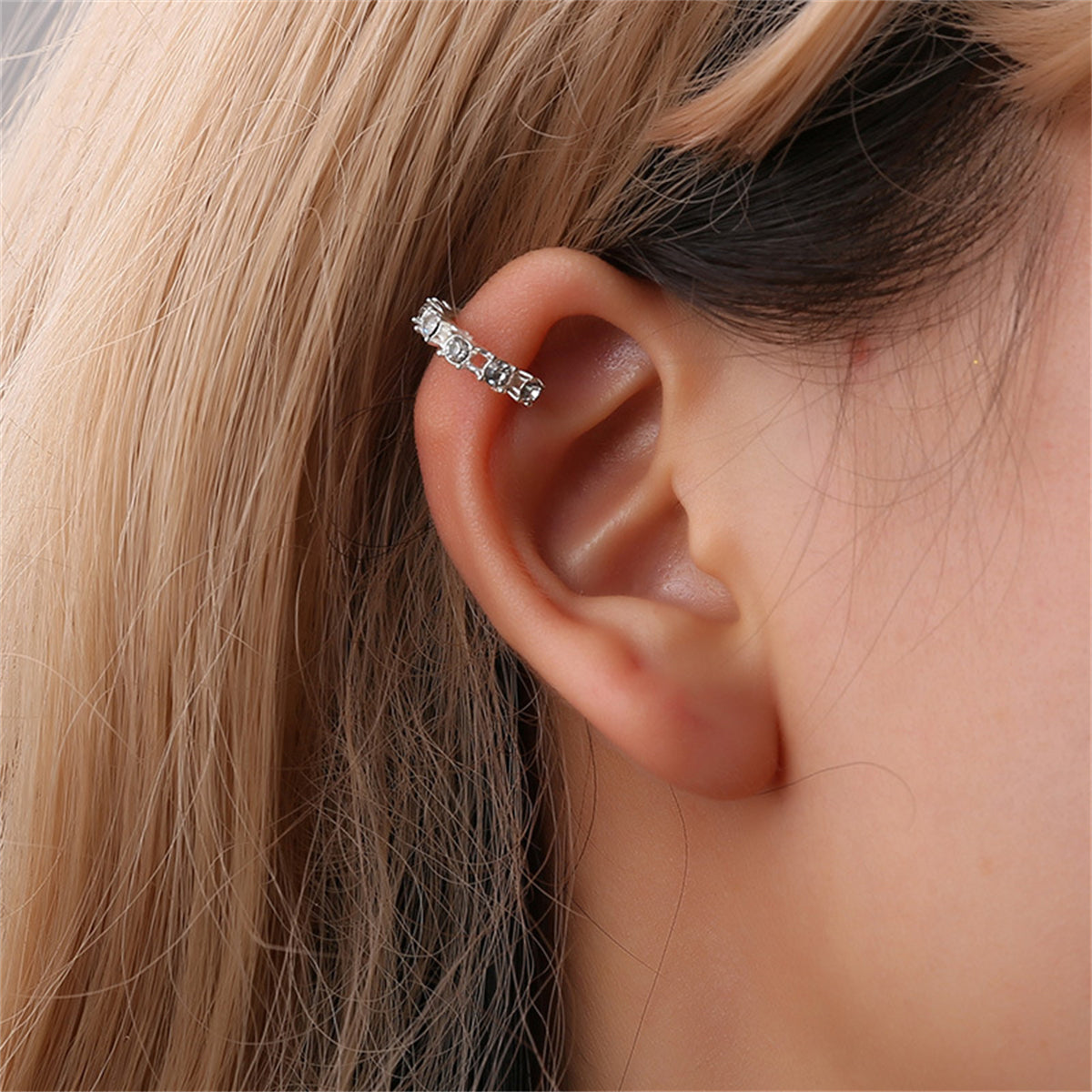 Cubic Zirconia and Silver-Plated Ear Cuff, silver stud earrings for women, vintage-inspired design, front view