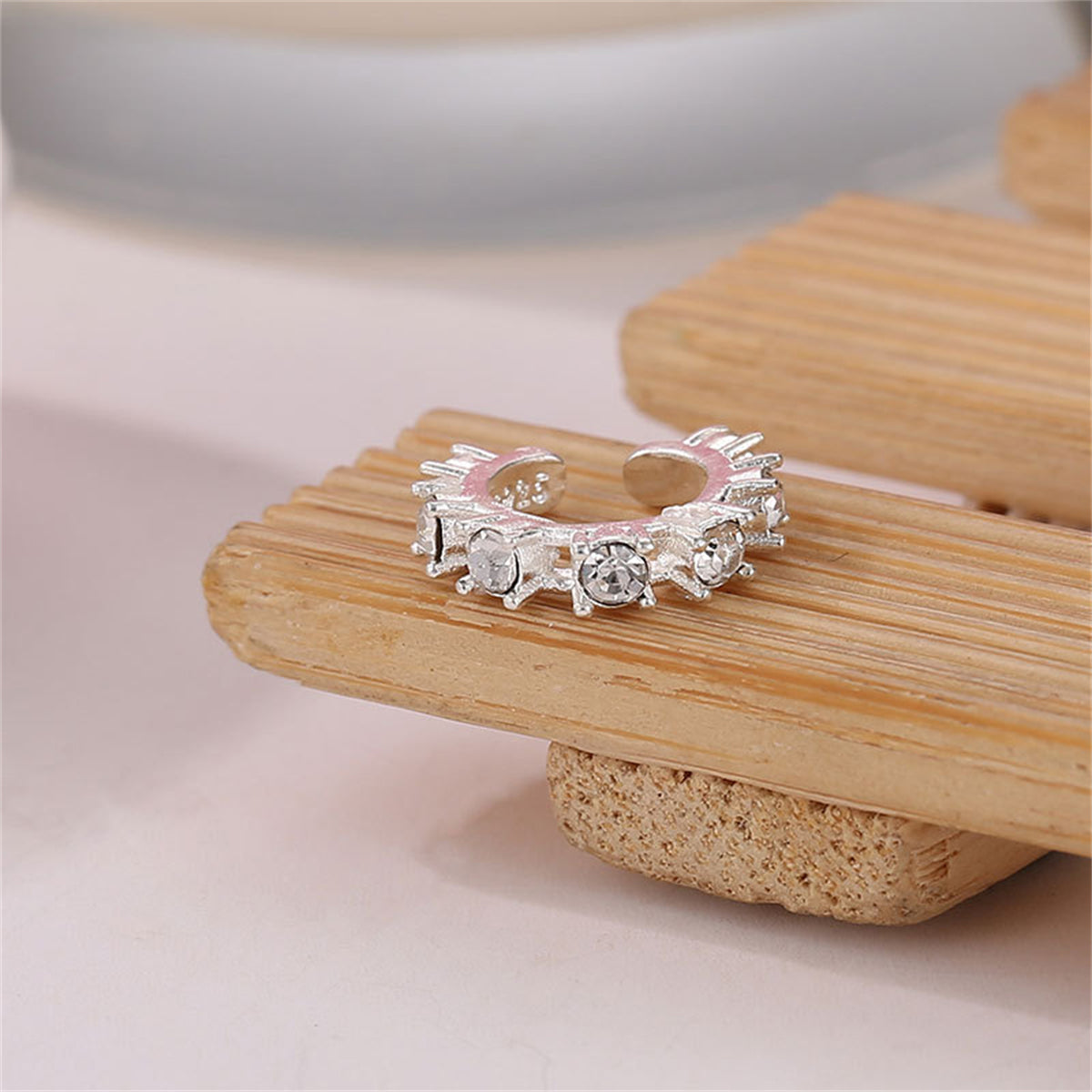 Cubic Zirconia and Silver-Plated Ear Cuff, silver stud earrings for women, vintage-inspired design, detail close-up