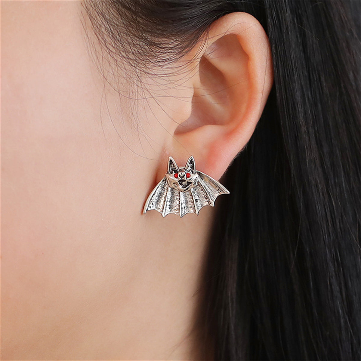 Red Cubic Zirconia and Silver-Plated Bat Stud Earrings, silver stud earrings for women, vintage-inspired design, front view