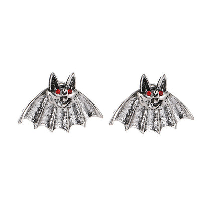 Red Cubic Zirconia and Silver-Plated Bat Stud Earrings, silver stud earrings for women, vintage-inspired design, side view