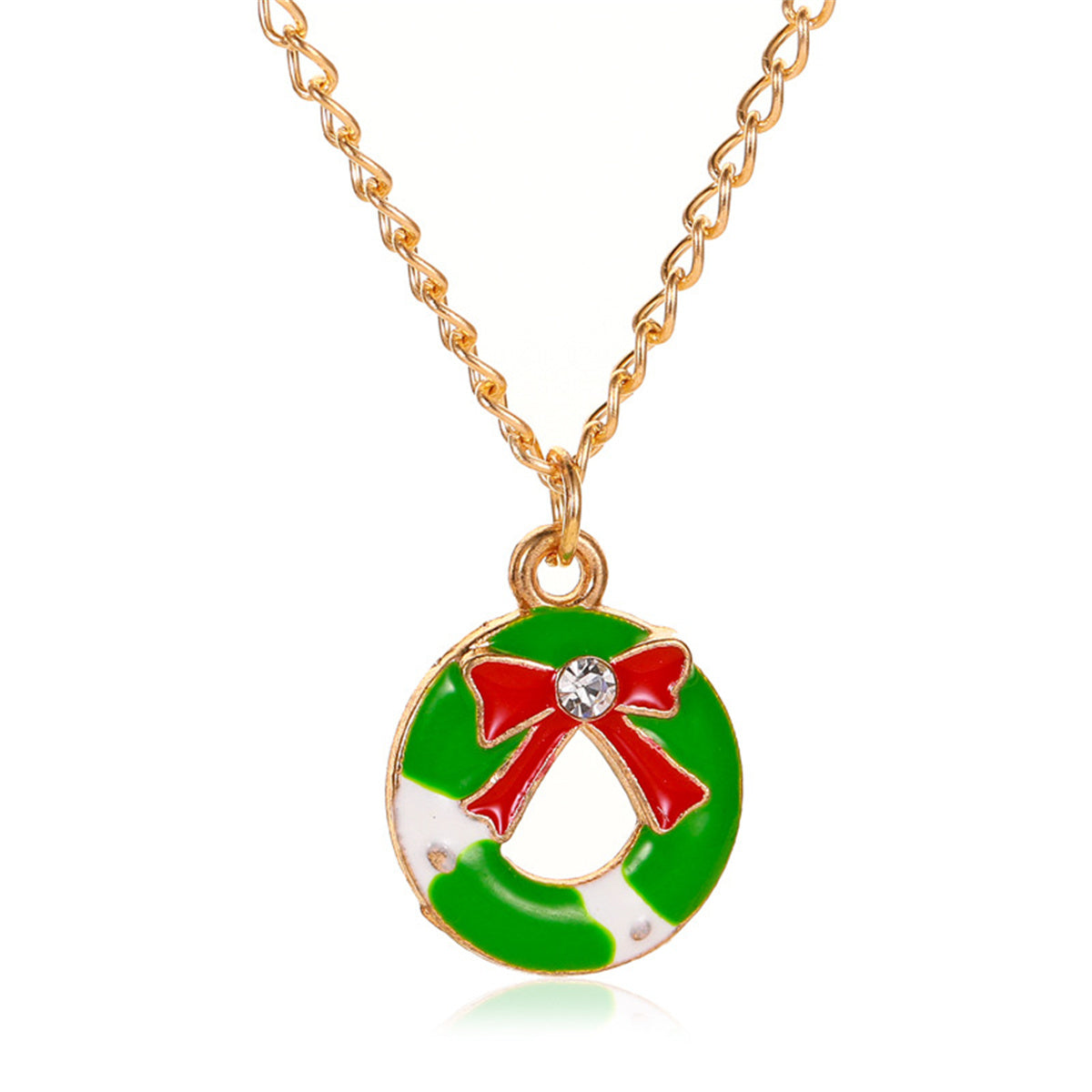 Cubic Zirconia and Green Enamel Bow Wreath Pendant Necklace, pendant necklace for women, vintage-inspired design, front view