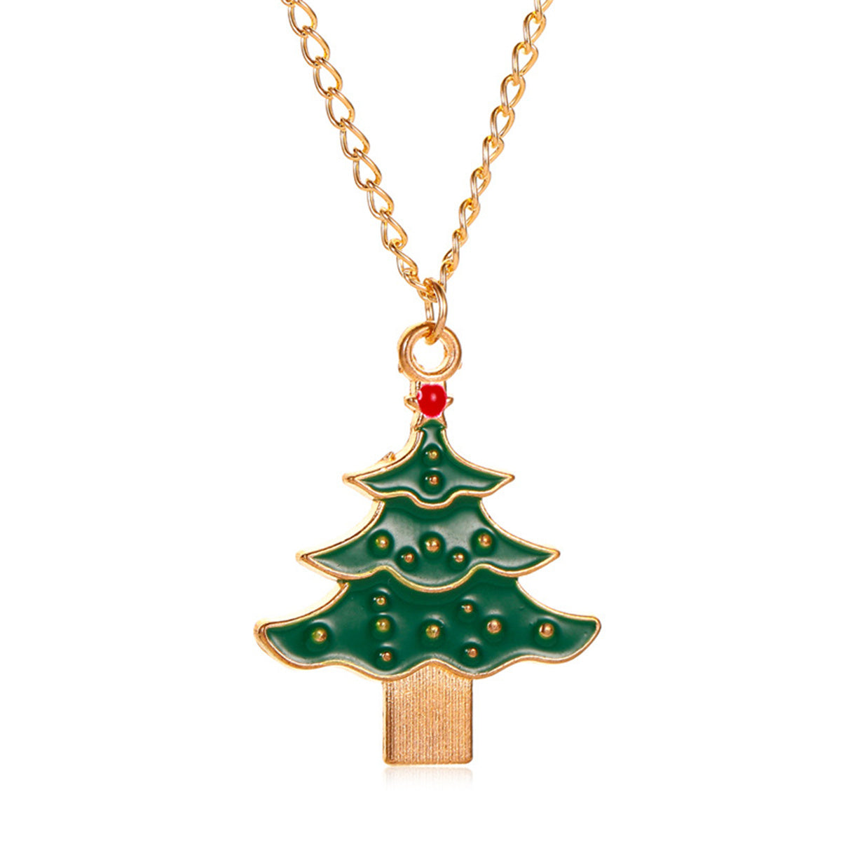 Green Enamel and 18K Gold-Plated Christmas Tree Pendant Necklace, gold pendant necklace for women, front view