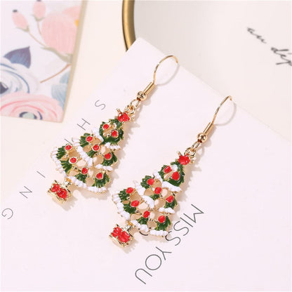 Red and Green Enamel Openwork Christmas Tree Drop Earrings, drop earrings for women, botanical inspired, front view