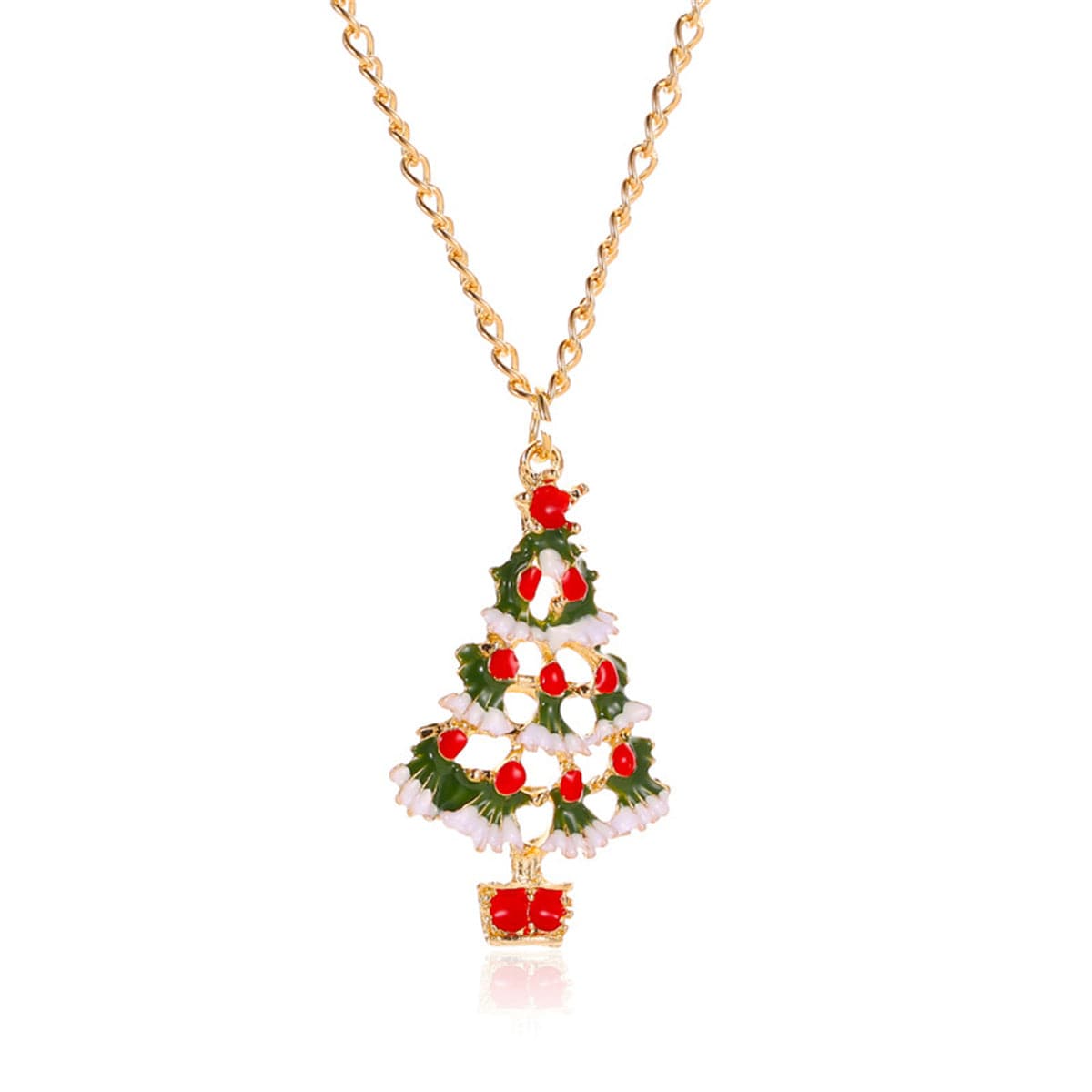 Red and Green Enamel Openwork Christmas Tree Pendant Necklace, pendant necklace for women, front view