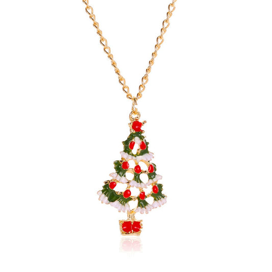 Red and Green Enamel Openwork Christmas Tree Pendant Necklace, pendant necklace for women, front view