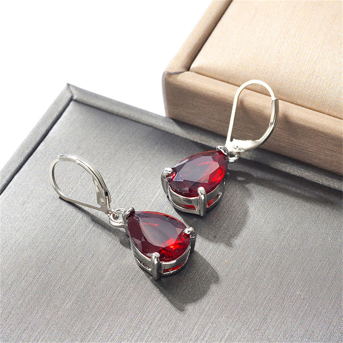 Red Crystal & Silver-Plated Teardrop Huggie Earrings