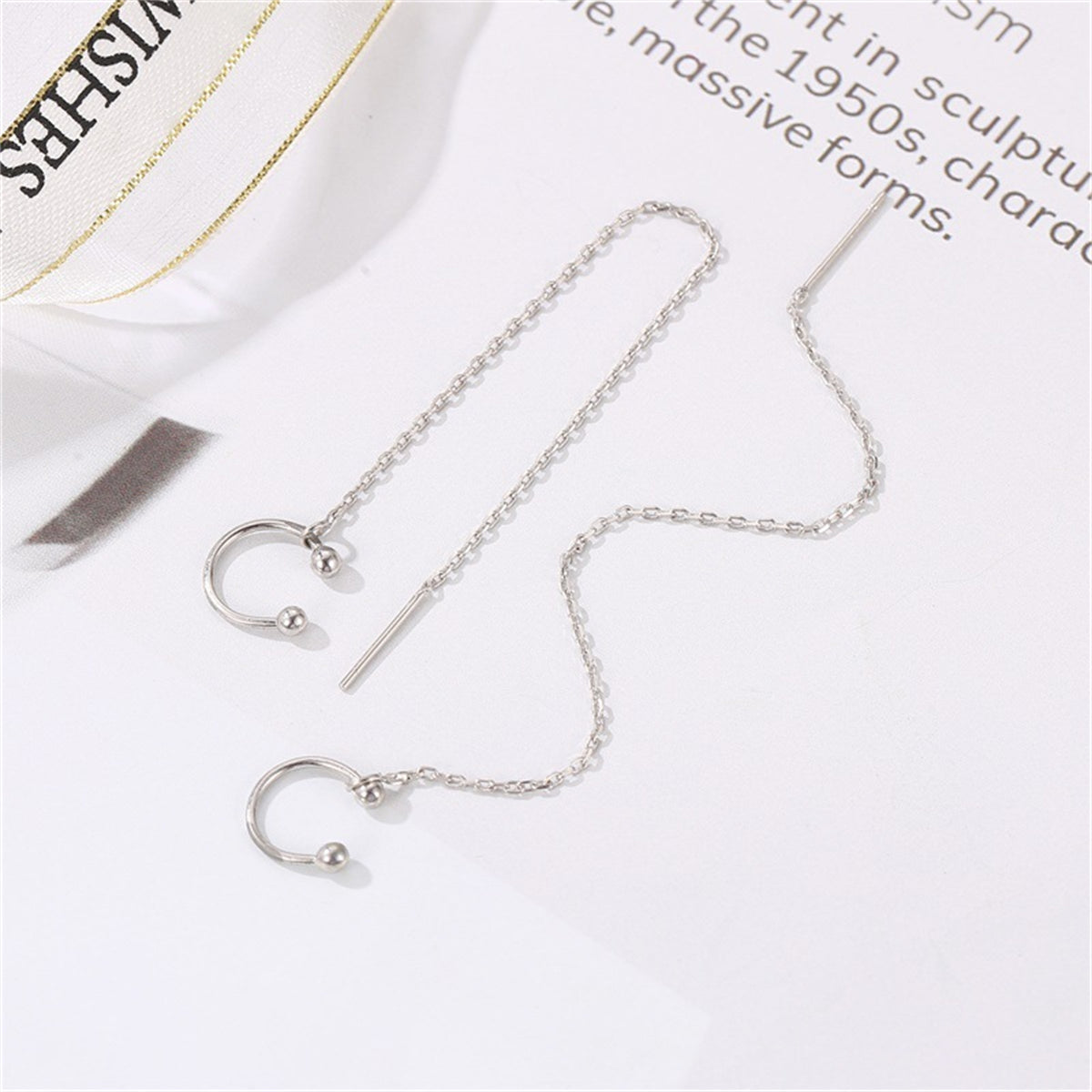 Silver-Plated Ear Threader Cuff - Set Of Two, silver drop earrings for women, everyday style, detail close-up