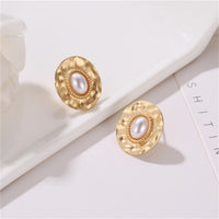 Pearl & 18k Gold-Plated Textured Oval Stud Earrings