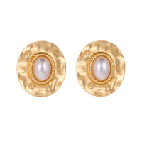 Pearl & 18k Gold-Plated Textured Oval Stud Earrings