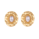 Pearl & 18k Gold-Plated Textured Oval Stud Earrings