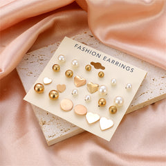Pearl & 18K Gold-Plated Heart Bead Stud Earrings Set