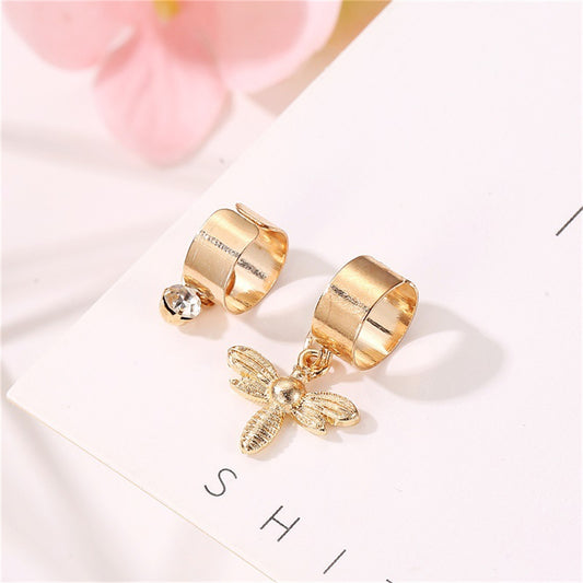 Clear Cubic Zirconia and 18K Gold-Plated Bee Charm Two-Piece Ear Cuff Set, gold drop earrings for women, front view
