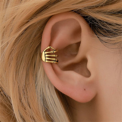 18K Gold-Plated Skeleton Hand Ear Cuff, gold stud earrings for women, vintage-inspired design, front view