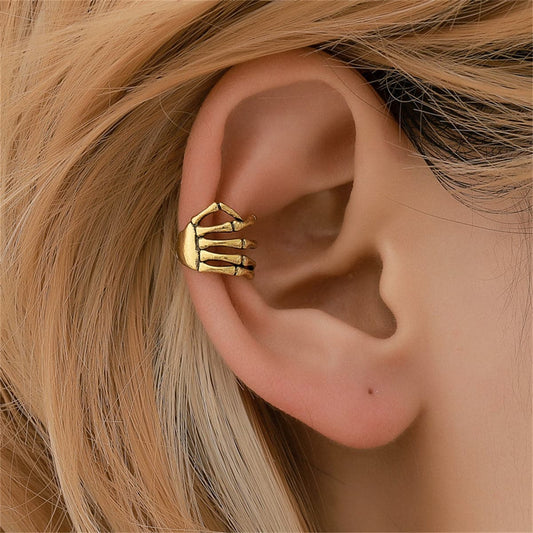 18K Gold-Plated Skeleton Hand Ear Cuff, gold stud earrings for women, vintage-inspired design, front view