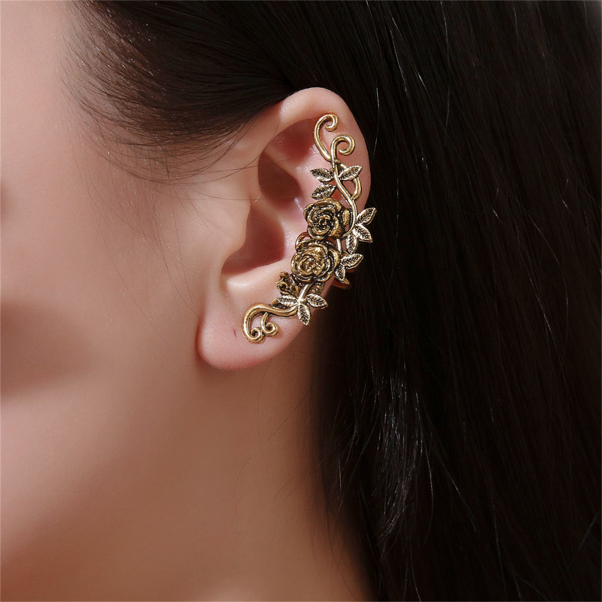 18K Gold-Plated Rose Ear Cuff, gold stud earrings for women, vintage-inspired design, front view