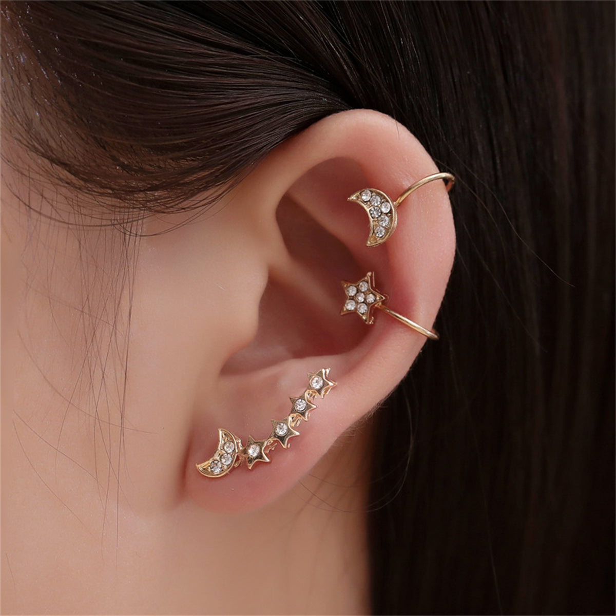 Cubic Zirconia and 18K Gold-Plated Celestial Ear Climber and Ear Cuff Set, gold stud earrings for women, front view