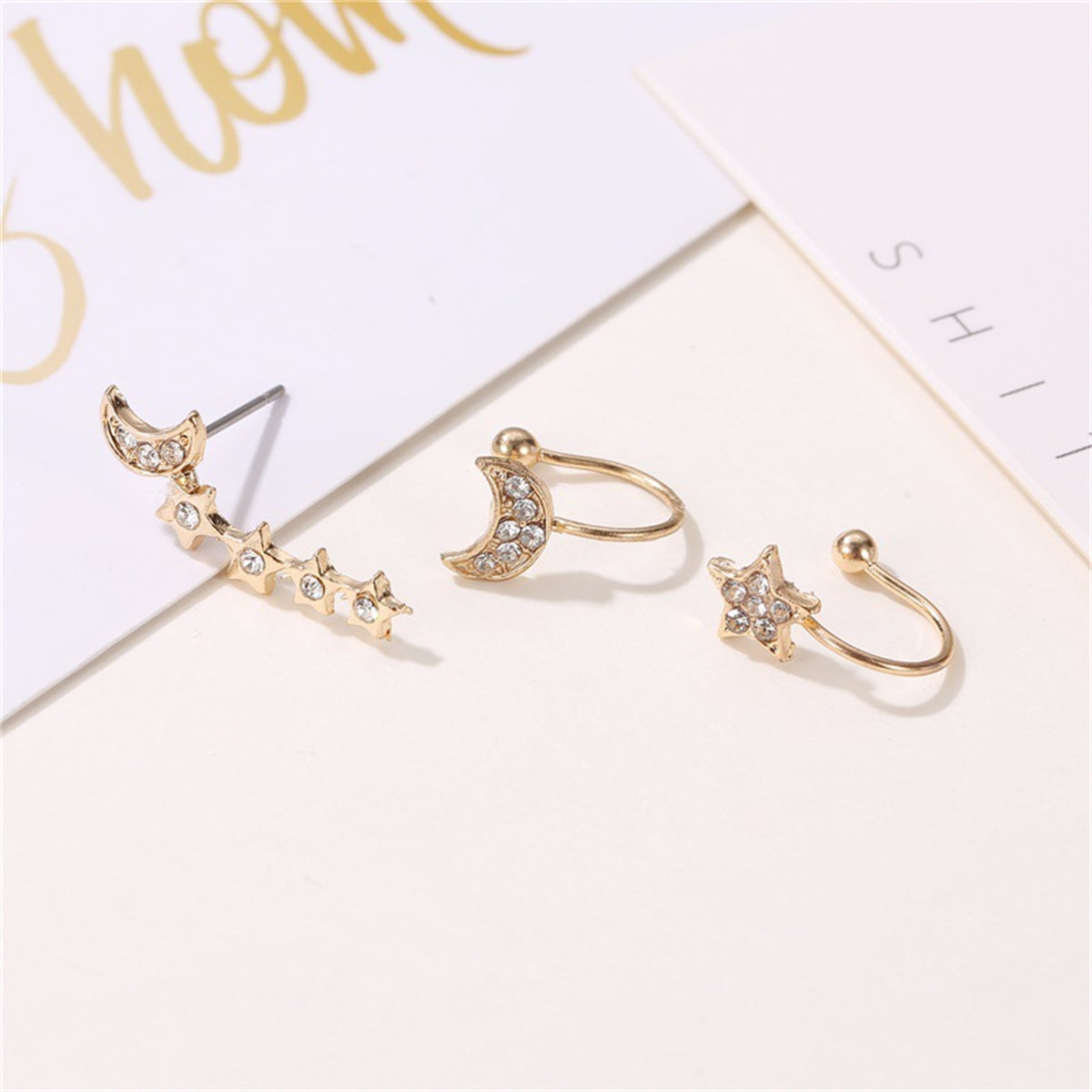 Cubic Zirconia and 18K Gold-Plated Celestial Ear Climber and Ear Cuff Set, gold stud earrings for women, styled look