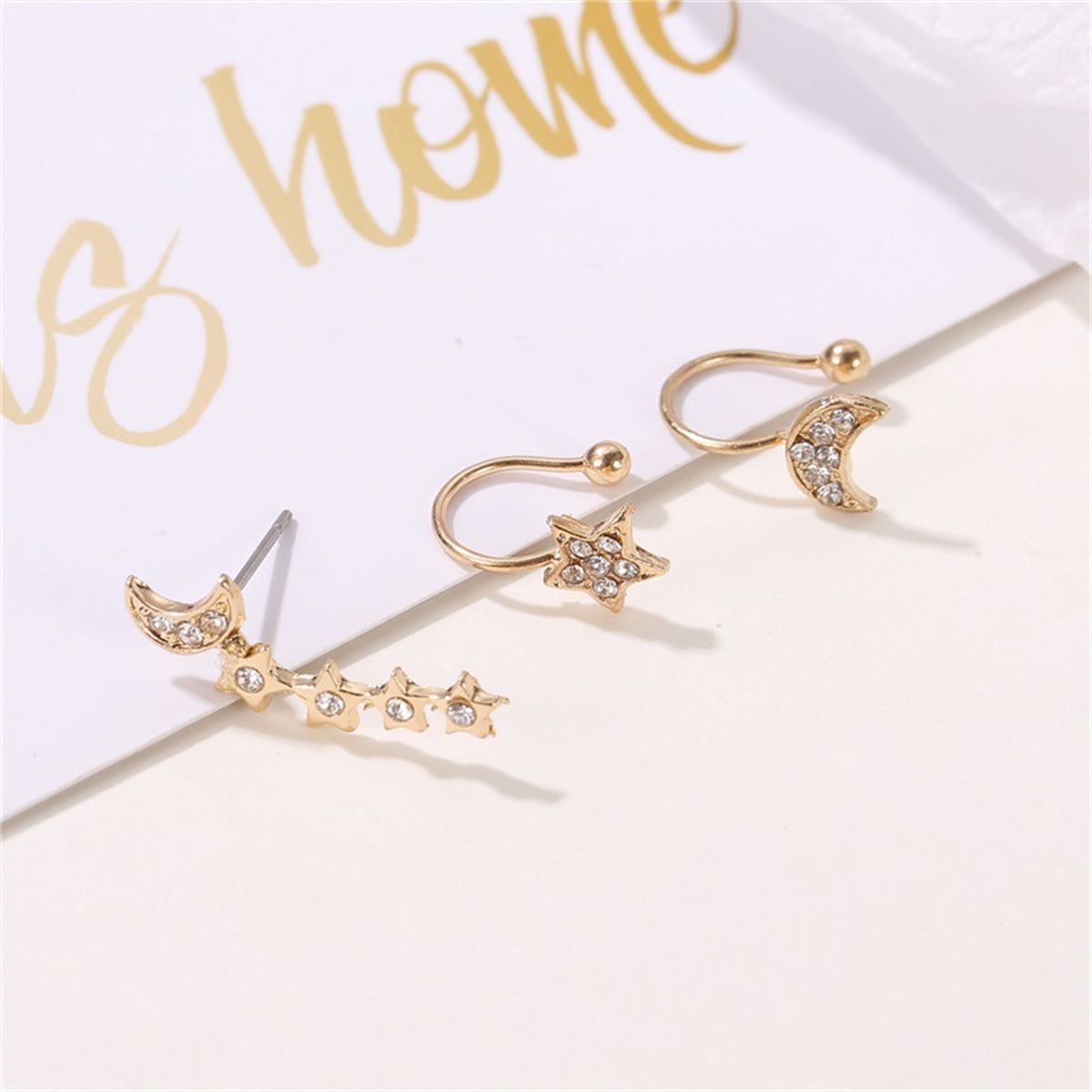 Cubic Zirconia and 18K Gold-Plated Celestial Ear Climber and Ear Cuff Set, gold stud earrings for women, detail close-up