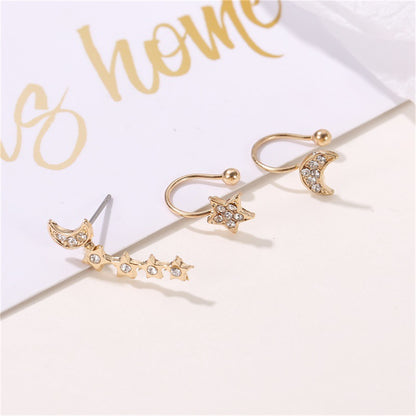 Cubic Zirconia and 18K Gold-Plated Celestial Ear Climber and Ear Cuff Set, gold stud earrings for women, detail close-up