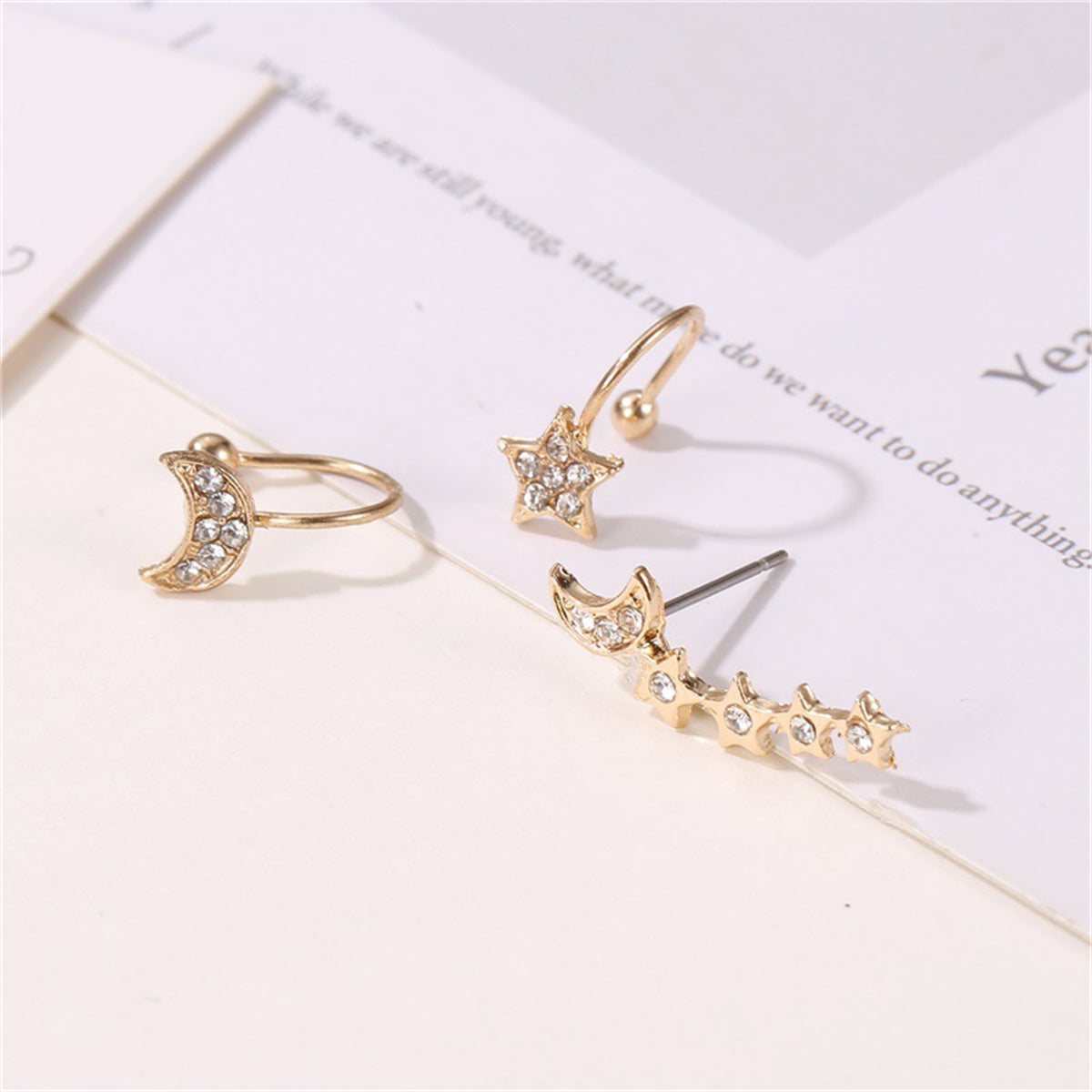 Cubic Zirconia and 18K Gold-Plated Celestial Ear Climber and Ear Cuff Set, gold stud earrings for women, lifestyle look