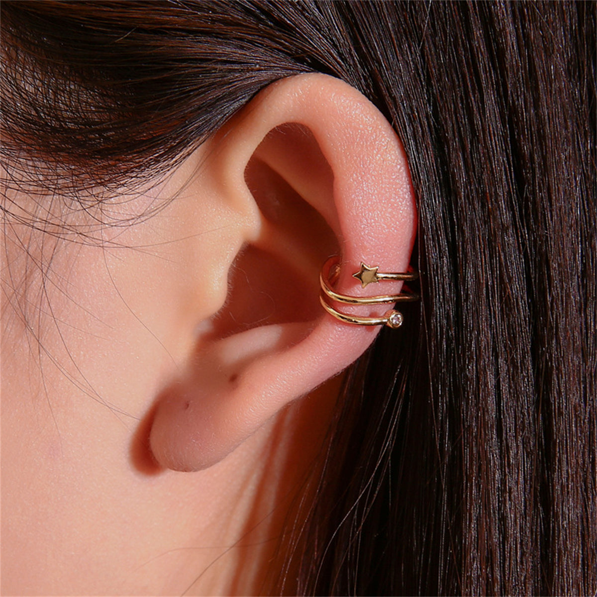 Cubic Zirconia and 18K Gold-Plated Star Layered Ear Cuff, gold stud earrings for women, vintage-inspired design, front view