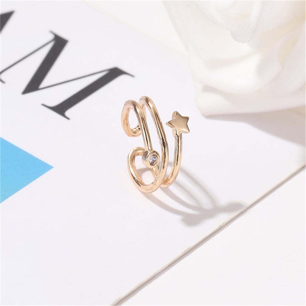 Cubic Zirconia & 18K Gold-Plated Star Layered Ear Cuff