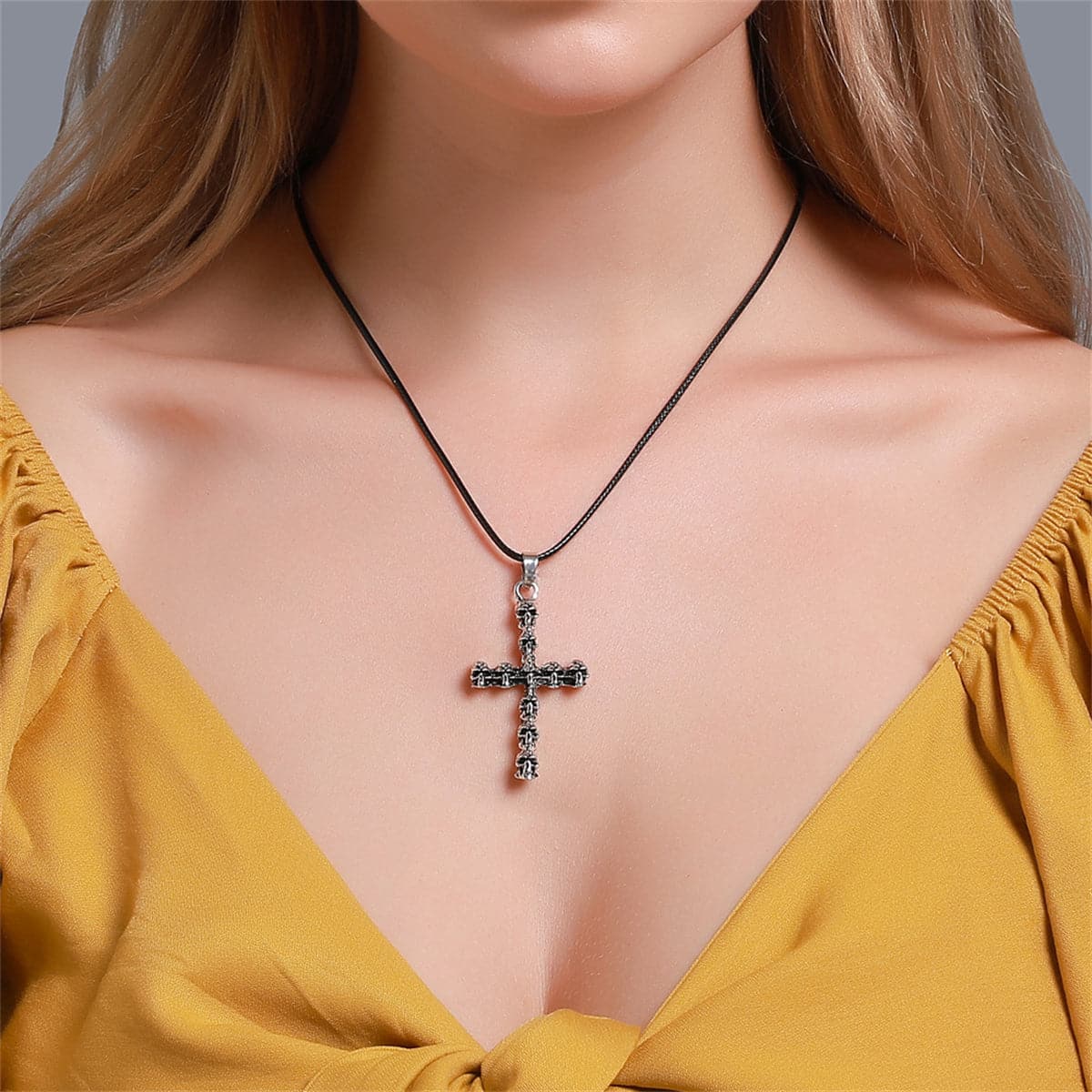 Black Polystyrene and Silver-Plated Skull Cross Pendant Necklace, silver pendant necklace for women, front view