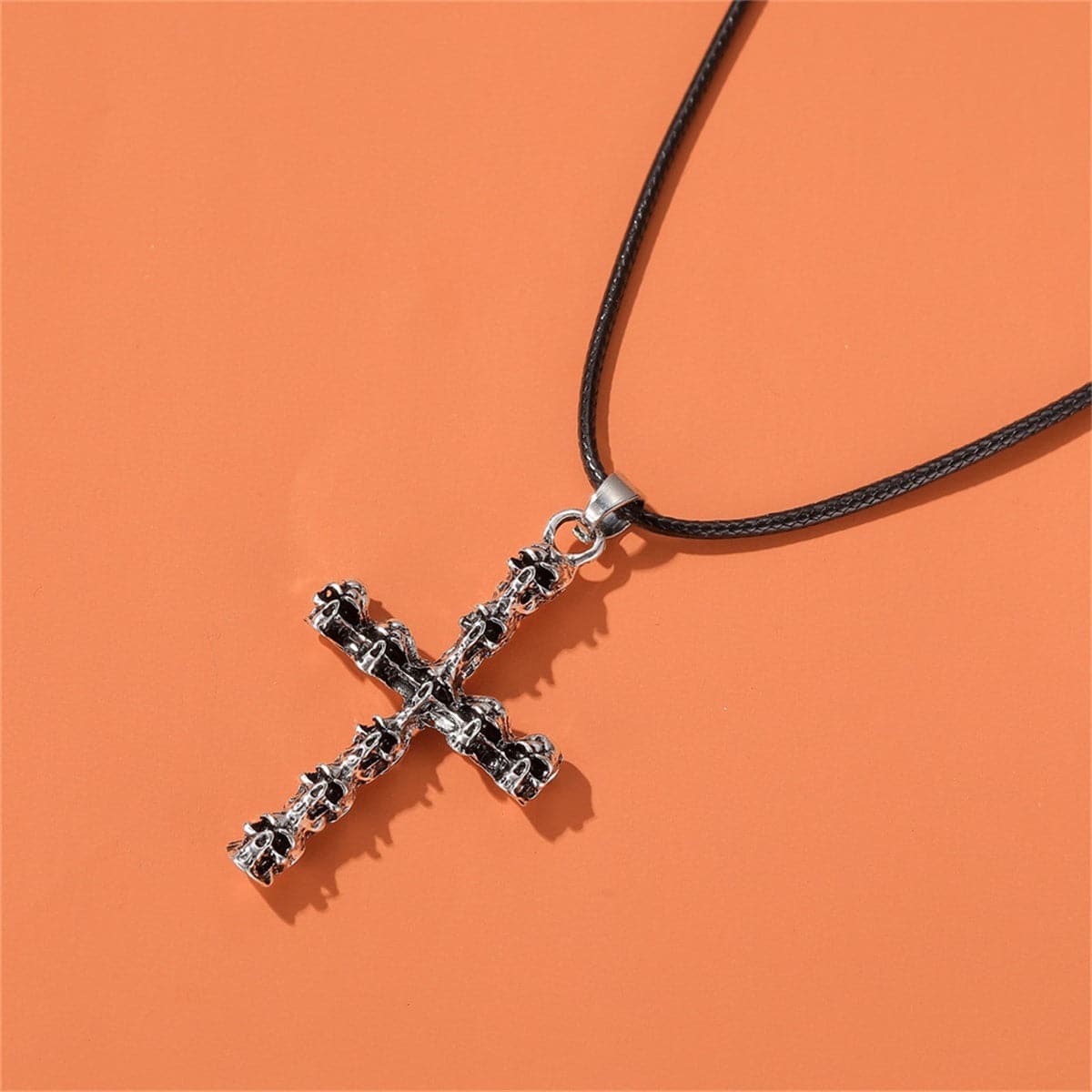 Black Polystyrene and Silver-Plated Skull Cross Pendant Necklace, silver pendant necklace for women, lifestyle look