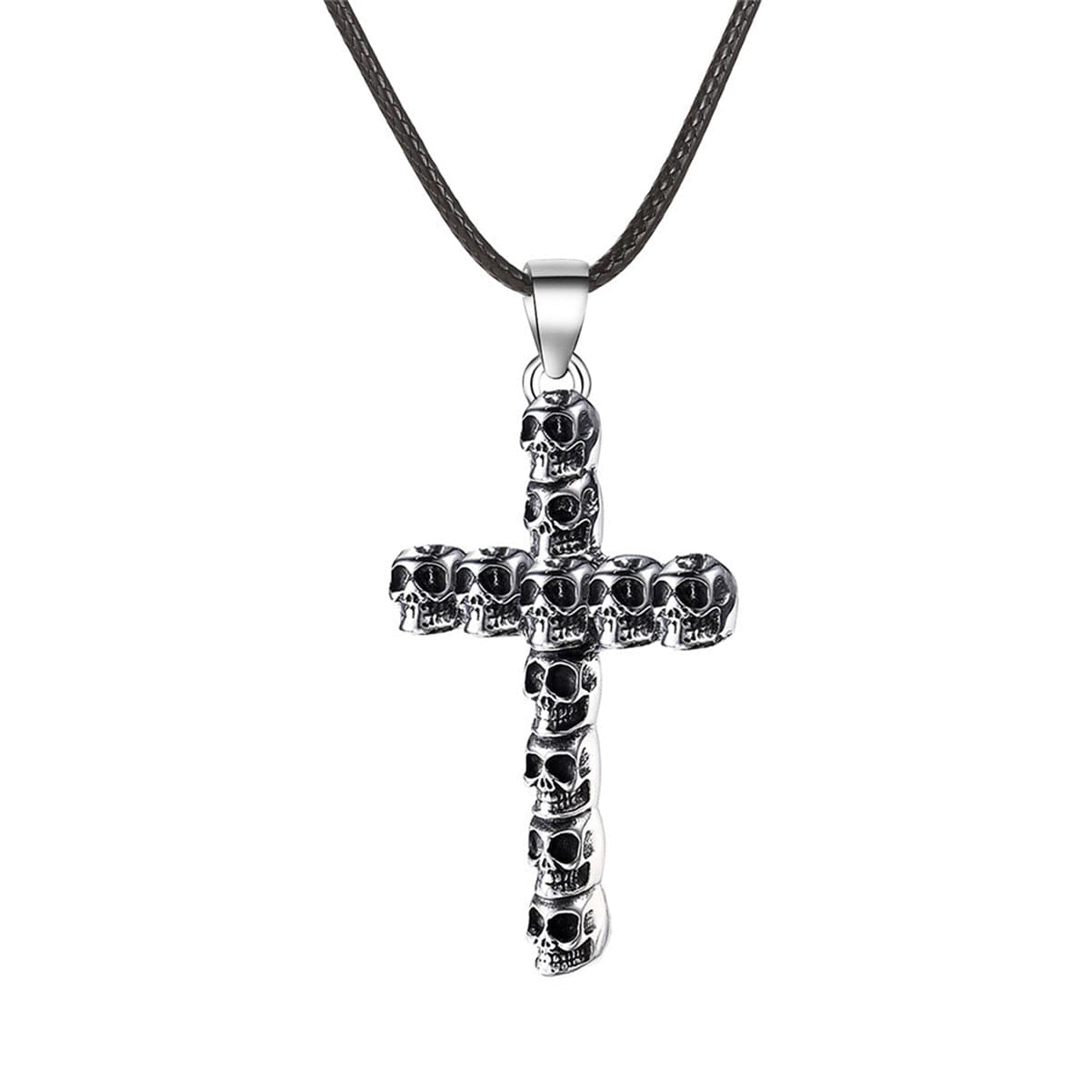 Black Polystyrene and Silver-Plated Skull Cross Pendant Necklace, silver pendant necklace for women, detail close-up