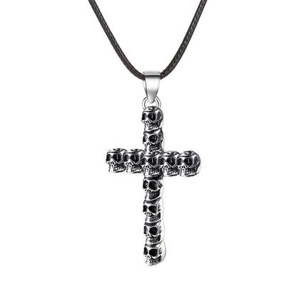 Black Polystyrene and Silver-Plated Skull Cross Pendant Necklace, silver pendant necklace for women, detail close-up