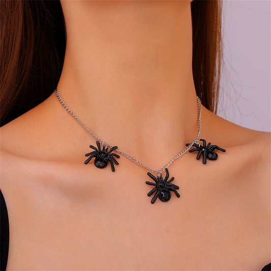 Black Enamel and Silver-Plated Spider Station Necklace, silver pendant necklace for women, front view