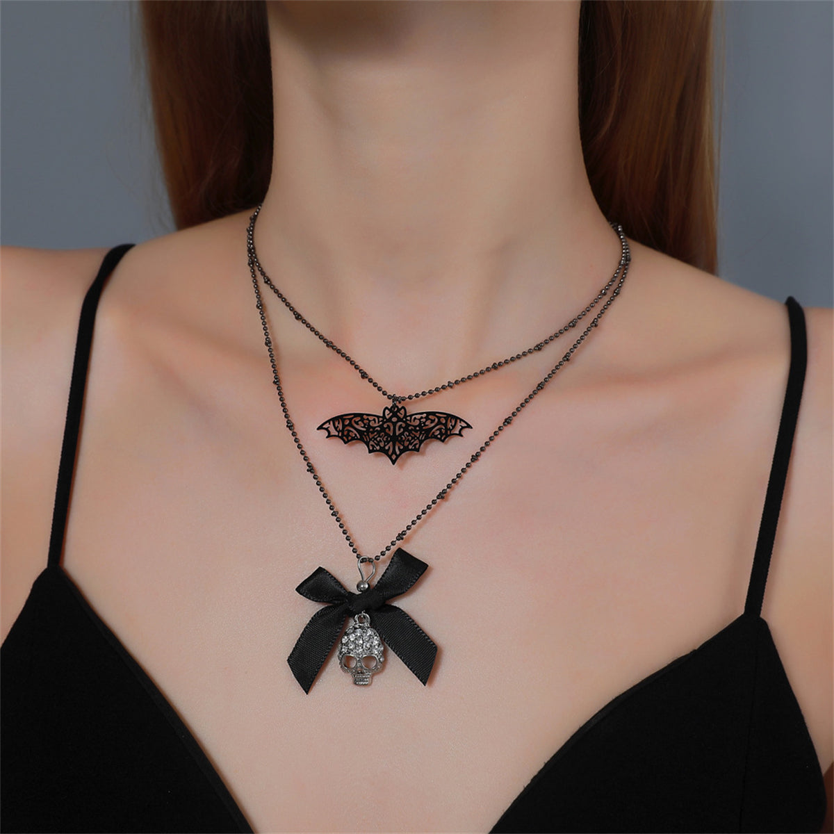 Cubic Zirconia & Silver-Plated Bat Bow Layered Pendant Necklace