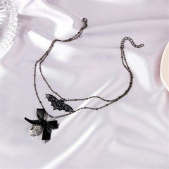 Cubic Zirconia & Silver-Plated Bat Bow Layered Pendant Necklace