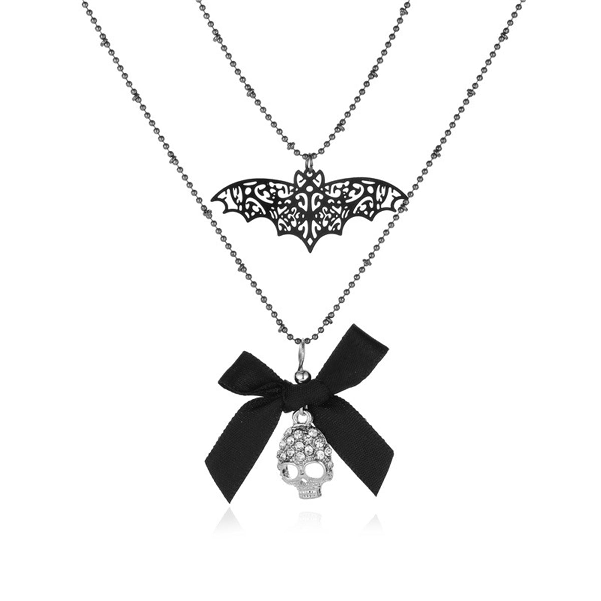 Cubic Zirconia and Silver-Plated Bat Bow Layered Pendant Necklace, silver pendant necklace for women, side view
