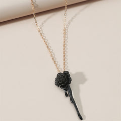 Black Enamel & 18k Gold-Plated Rose Pendant Necklace