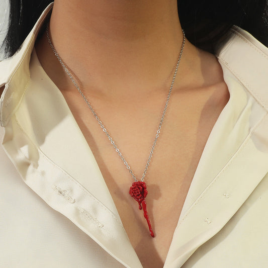 Red Enamel and Silver-Plated Rose Pendant Necklace, silver pendant necklace for women, botanical inspired, front view