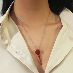Red Enamel & Silver-Plated Rose Pendant Necklace