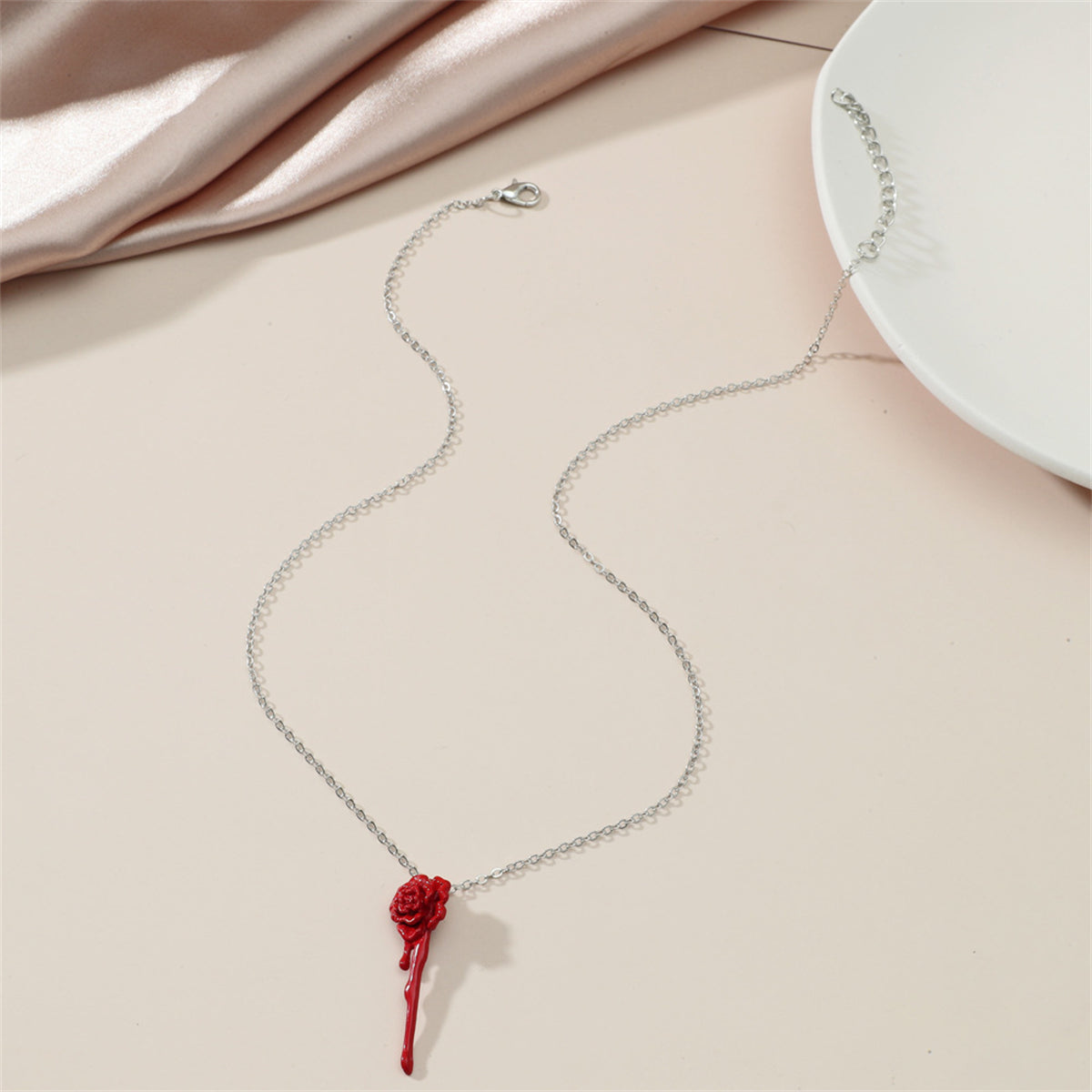 Red Enamel and Silver-Plated Rose Pendant Necklace, silver pendant necklace for women, botanical inspired, lifestyle look