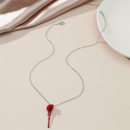 Red Enamel and Silver-Plated Rose Pendant Necklace, silver pendant necklace for women, botanical inspired, lifestyle look