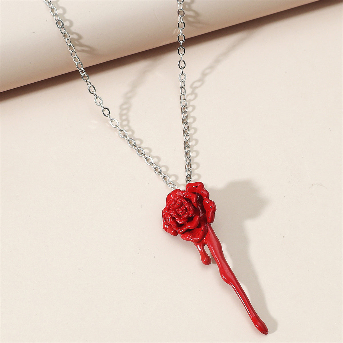 Red Enamel and Silver-Plated Rose Pendant Necklace, silver pendant necklace for women, botanical inspired, side view