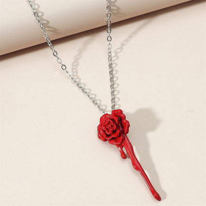 Red Enamel and Silver-Plated Rose Pendant Necklace, silver pendant necklace for women, botanical inspired, side view