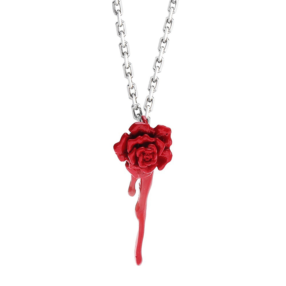 Red Enamel and Silver-Plated Rose Pendant Necklace, silver pendant necklace for women, botanical inspired, detail close-up