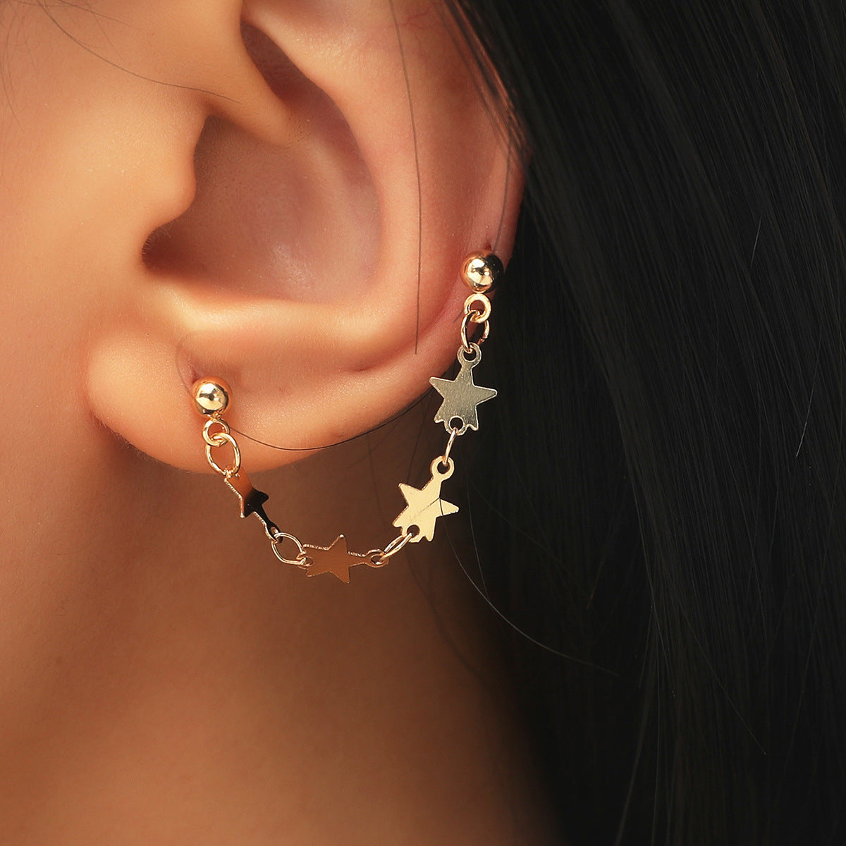 18K Gold-Plated Star Chain Ear Cuffs, gold drop earrings for women, elegant gift for her, front view